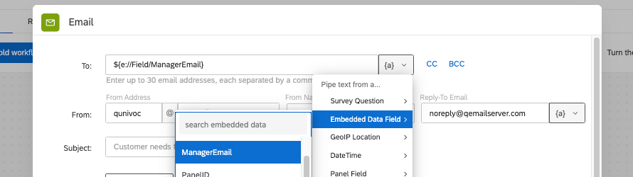 im Feld "An" einer E-Mail-Aufgabe, wobei der dynamischer Text für die eingebettete Daten mit dem Namen "ManagerEmail" gezogen wird