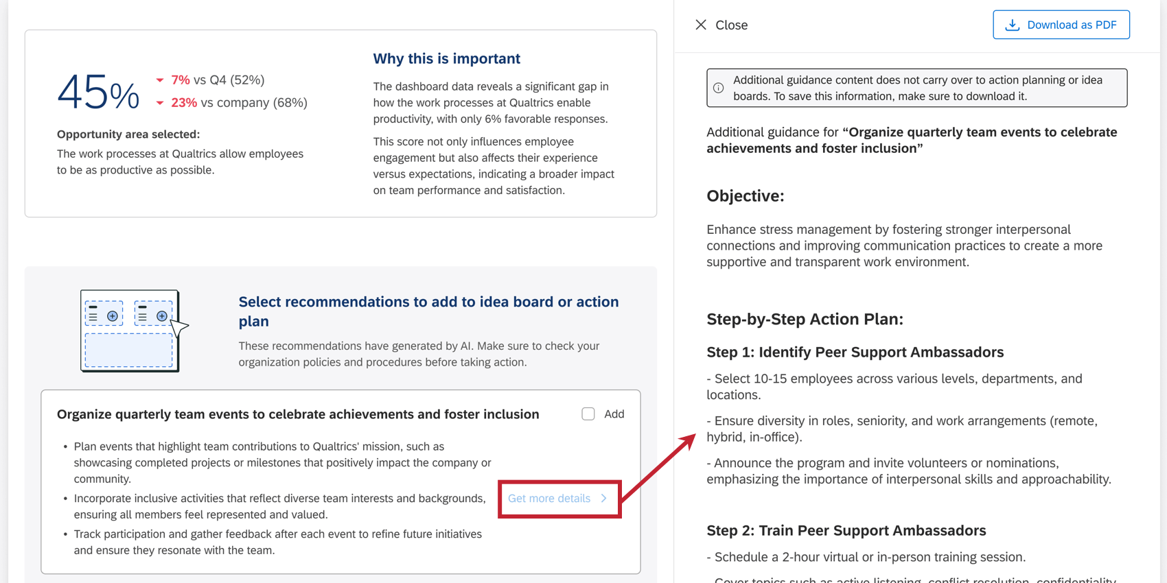 clicking "get more details" to learn more about a recommendation