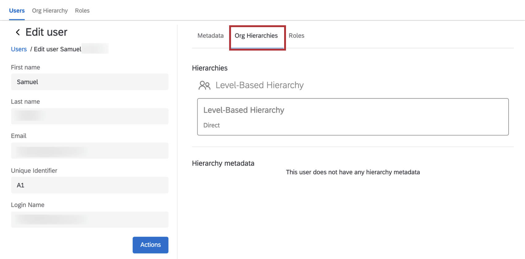 org hierarchies tab within dashboard user