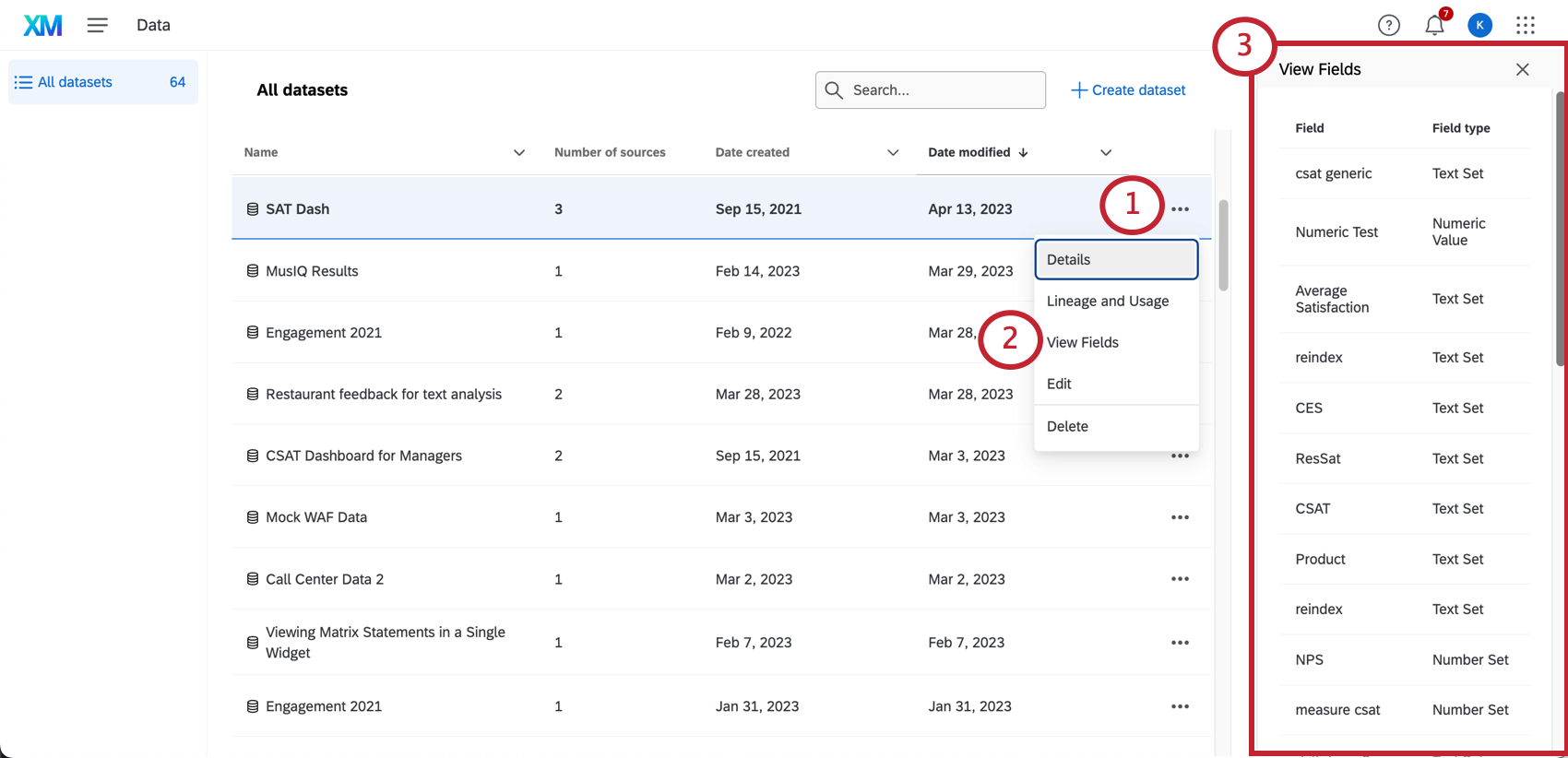 clicking 3 dots on a dataset, selecting view fields, then seeing the menu that opens to the right