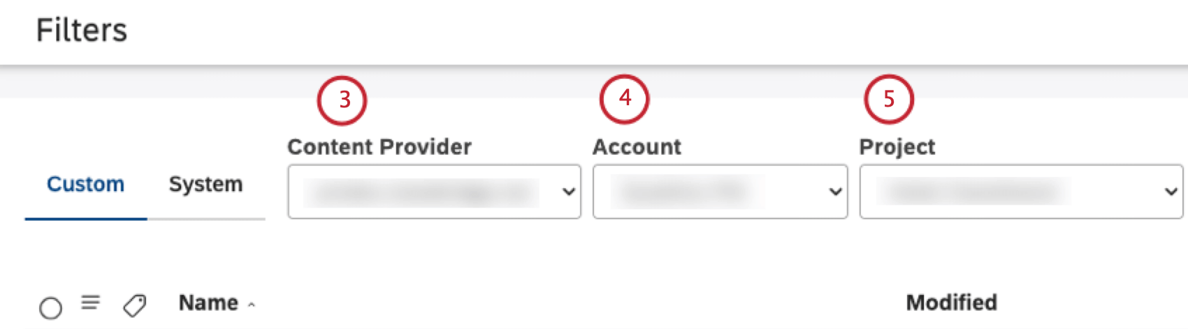 Content-Provider, Benutzerkonto und Projekt auswählen