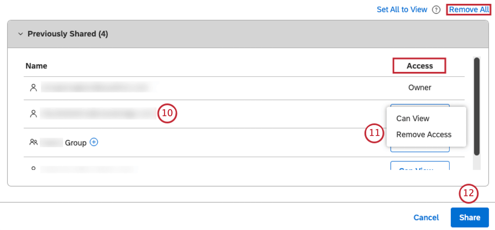 To stop sharing a filter with a user or a group, locate the user or group in the Previously Shared section. When a filter is shared with a group, removing a user from that group will also make your filter inaccessible to that user. Select Remove Access. Alternatively, to stop sharing your filter with everyone, click Remove All. Click Share.