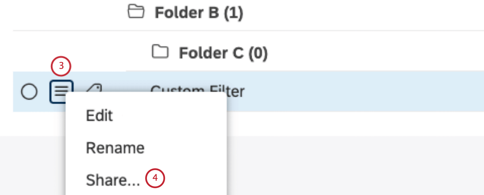 Haga clic en el nombre del filtro o expanda el menú de acciones siguiente a él. Seleccionar Editar .