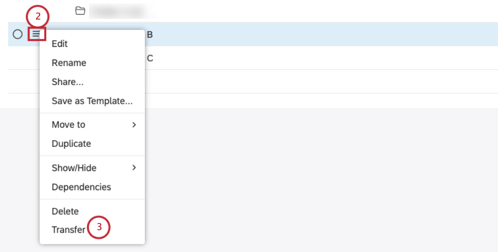 To transfer 1 filter, expand the actions menu next to the filter you wish to transfer. Select Transfer.