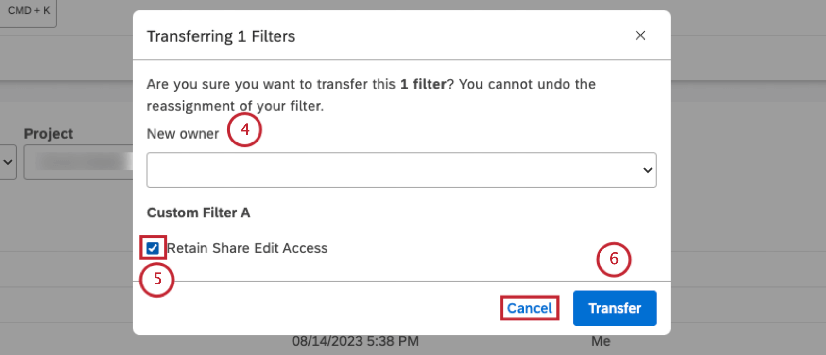 Seleccione el correo electrónico del nuevo propietario en el menú Nuevo propietario. Seleccione la casilla de verificación Conservar acceso de edición compartida si desea conservar el acceso a nivel de editor a sus filtros después de la transferencia (opcional). Haga clic en Transferir.