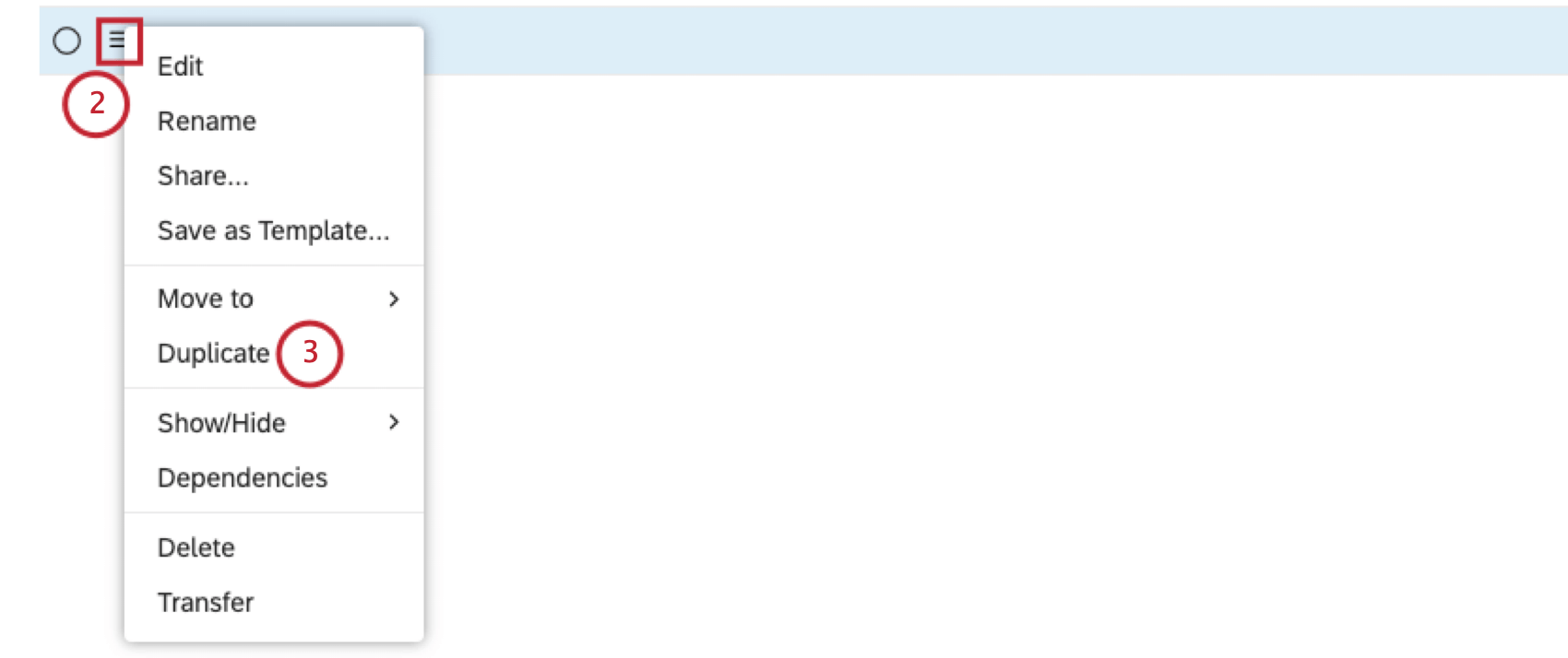 Expand the actions menu next to the filter you wish to duplicate. Select Duplicate.