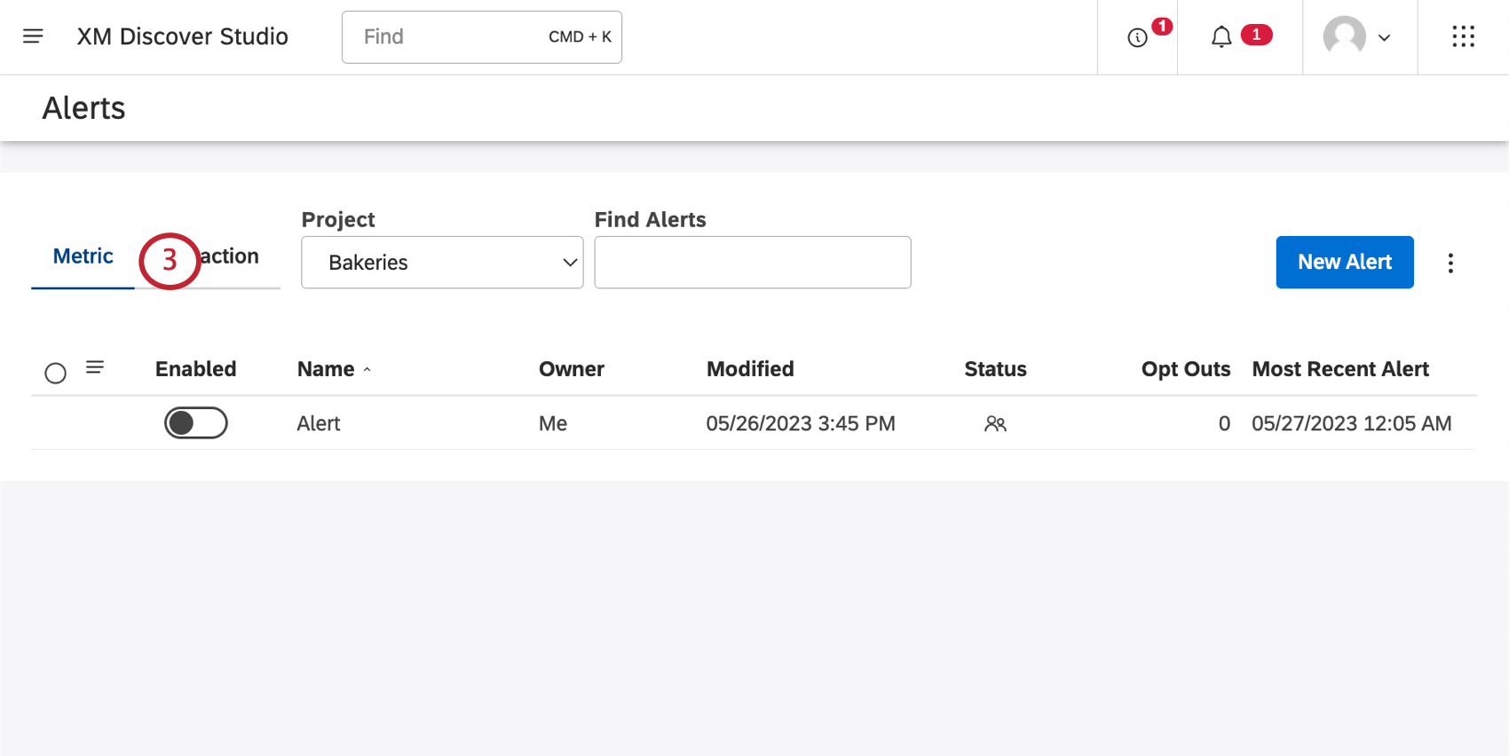Registerkarte „Metrik“ der Seite „Alerts“