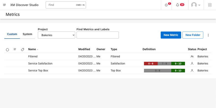 Columns in screenshot are name, modified (date), owner, type, definition (band), status, and Project