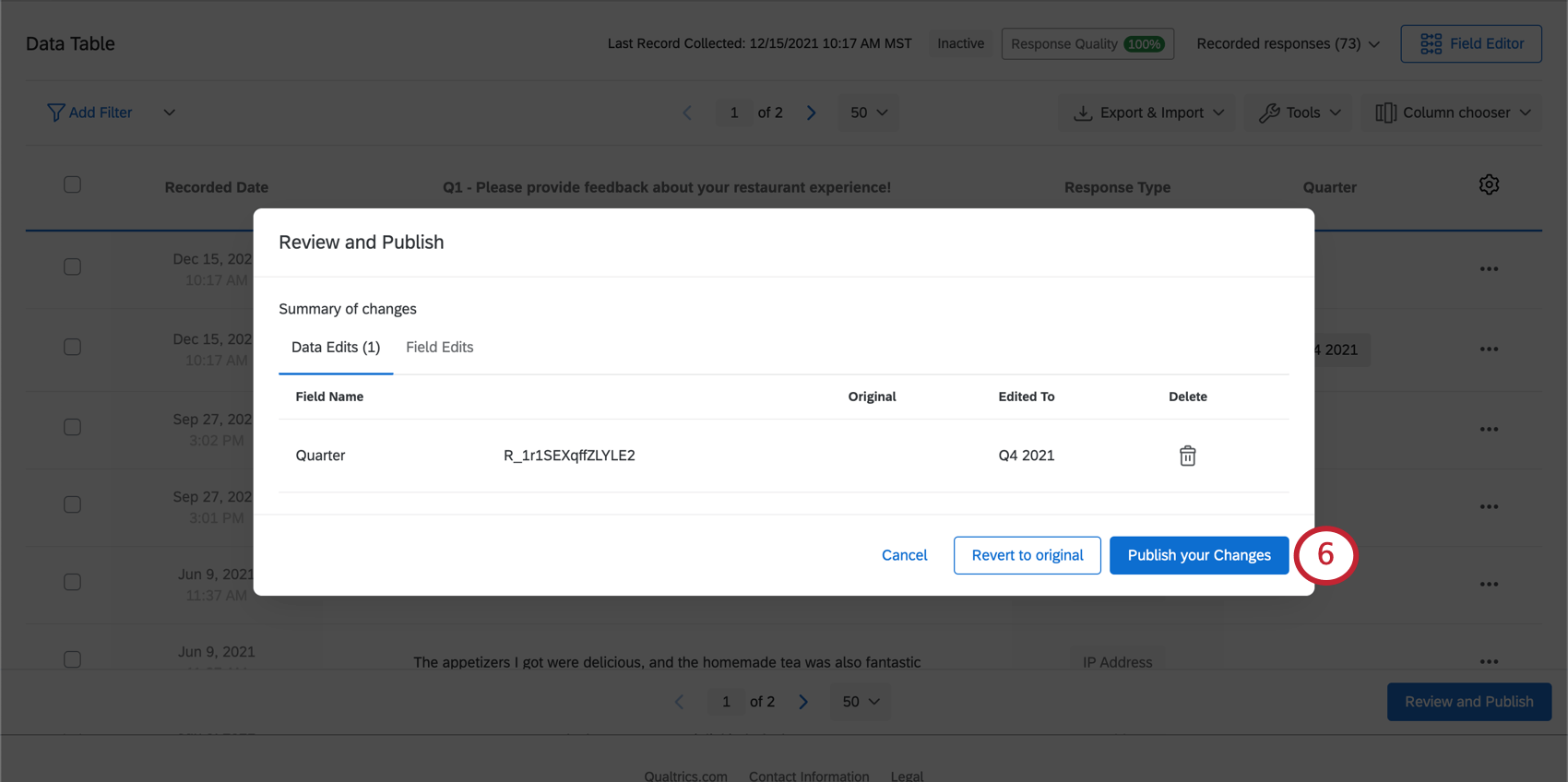 Screenshot des Fensters, in dem Sie Änderungen in der Vorschau anzeigen und veröffentlichen. Diese Änderungen befinden sich auf der Registerkarte "Datenbearbeitungen".