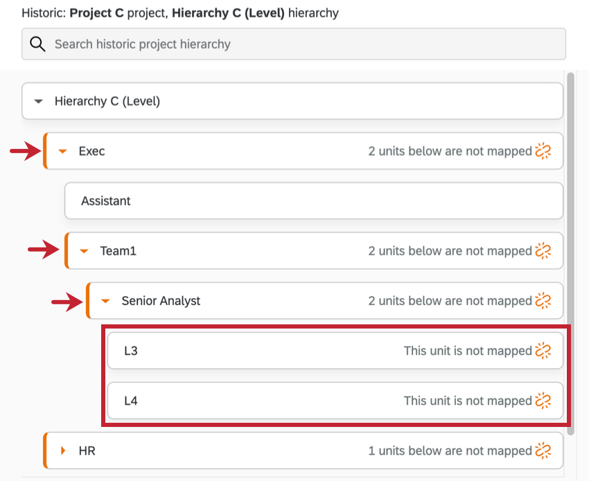 Icon looks like a broken link in orange; image shows how top units will warn that there are unlinked units beneath