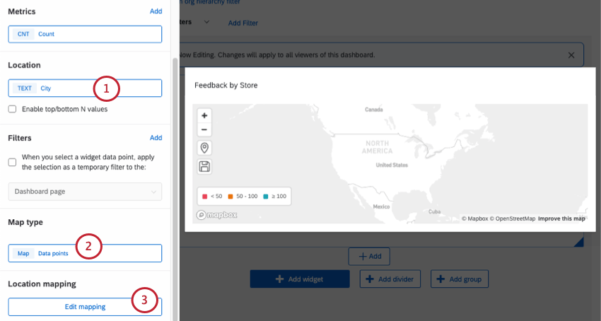 basic map widget setup, then the edit mapping button highlighted