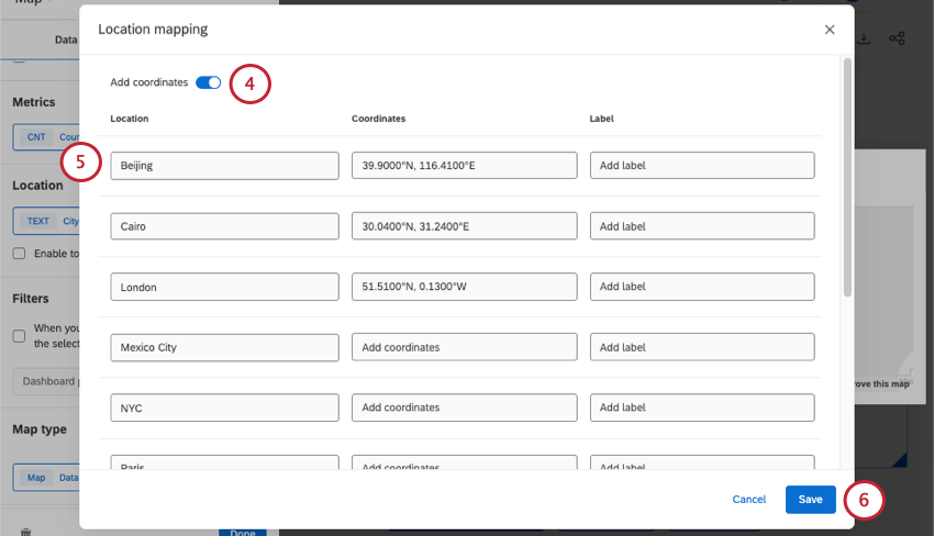new window where you configure coordinates