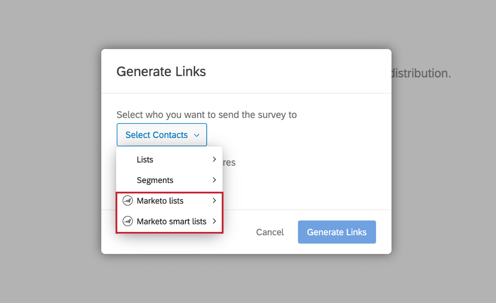 リンク生成ウィンドウでMarketoリストを選択する
