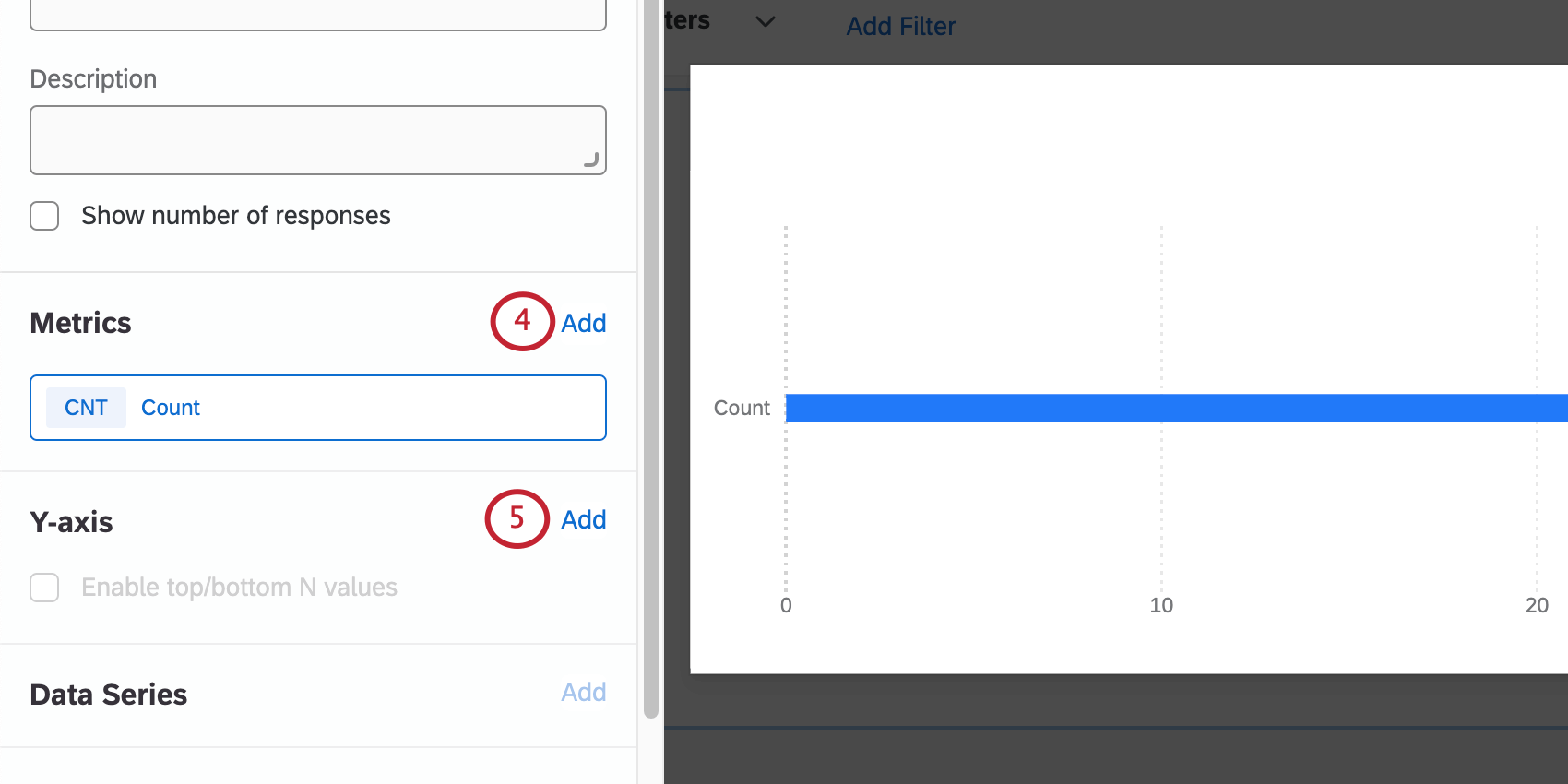 Painel de edição Widget aberto à esquerda. Seção Metrics (Métricas) e, em seguida, seção Y-axis (Eixo Y)