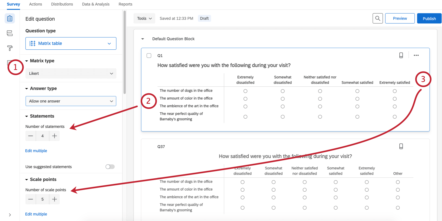 Options du volet de modification des questions