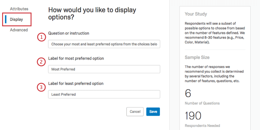 Numbered options in order of described. To the left, Display is selected