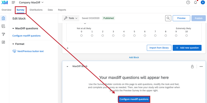 longlet Enquête dun projet de Différence maximum. Le bouton Configurer les questions de Différence maximum est surligné