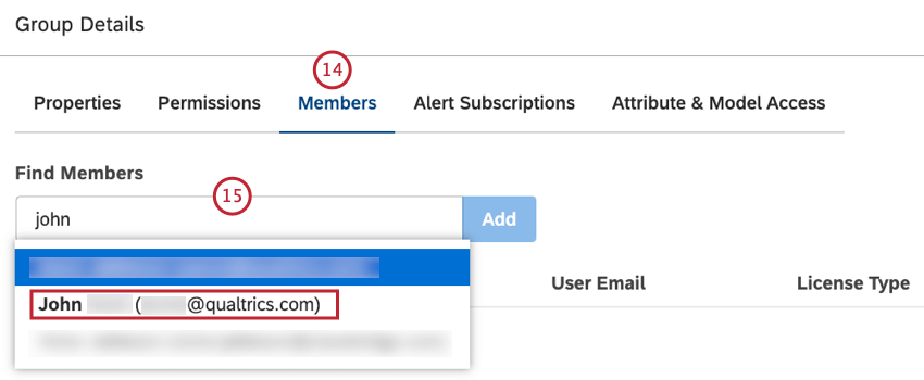 Select the Members tab. To add a user to a group, begin typing the first name, last name, or the email address into the Find Members box, wait for the name or email address to appear in the list, and then select it.