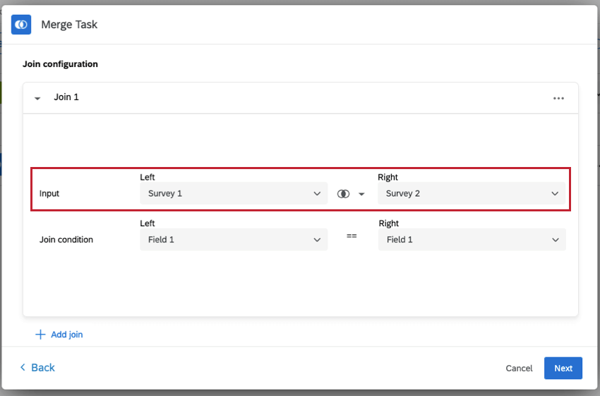 Join configuration within a merge task