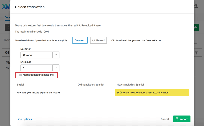 Loption Fusionner les traductions apparaît au-dessus de laperçu de la traduction et se présente sous la forme dune petite case à cocher