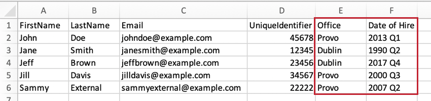 Example metadata columns in an importable file