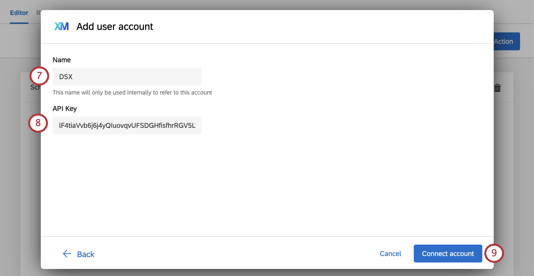 Campi per il nome dellaccount e per la chiave API