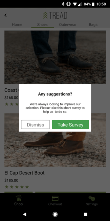 Un Pop-over dans une application mobile pour la fausse entreprise Tread