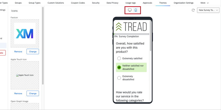 Über das Symbol oben ausgewähltes Mobiltelefon, das das Designvorlage einer Umfrage in einem iPhone oder Android anzeigt