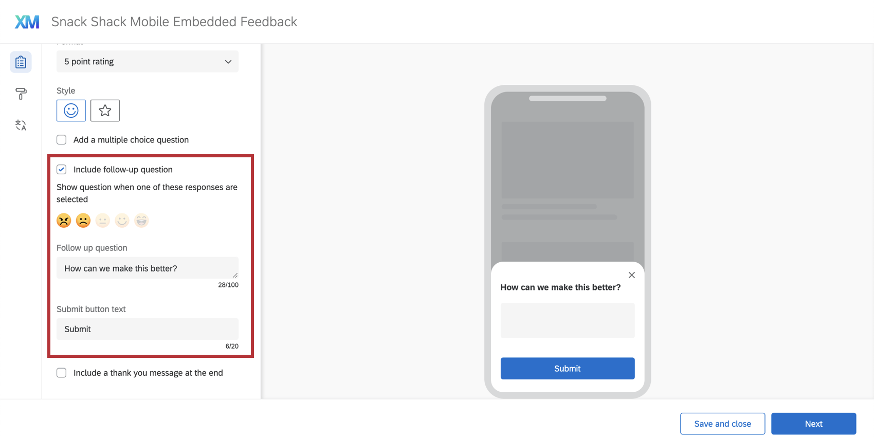 左側に表示される追加のカスタマイズオプションとフォローアップ質問を含む