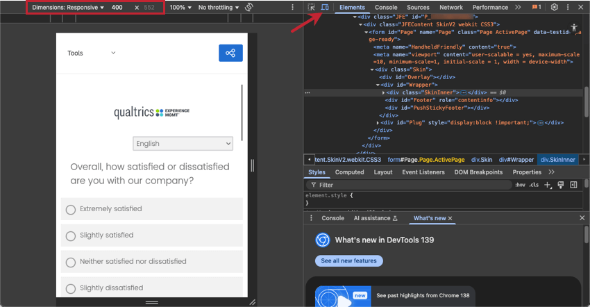 la finestra di ispezione in google chrome. licona del desktop e del mobile è evidenziata, così come i controlli delle dimensioni