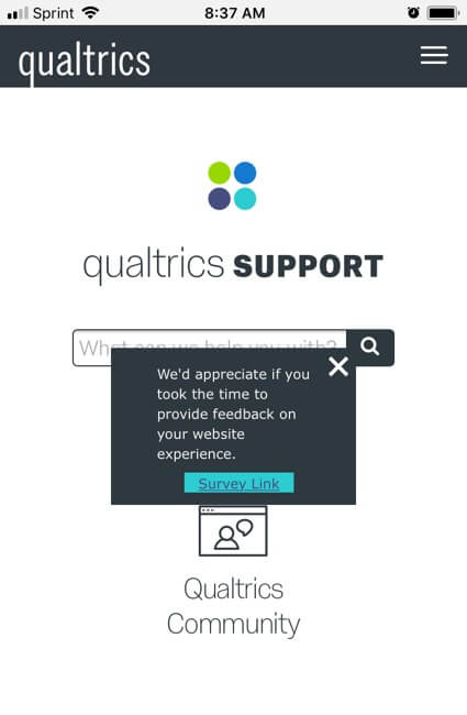 A pop over on a mobile site asking for feedback