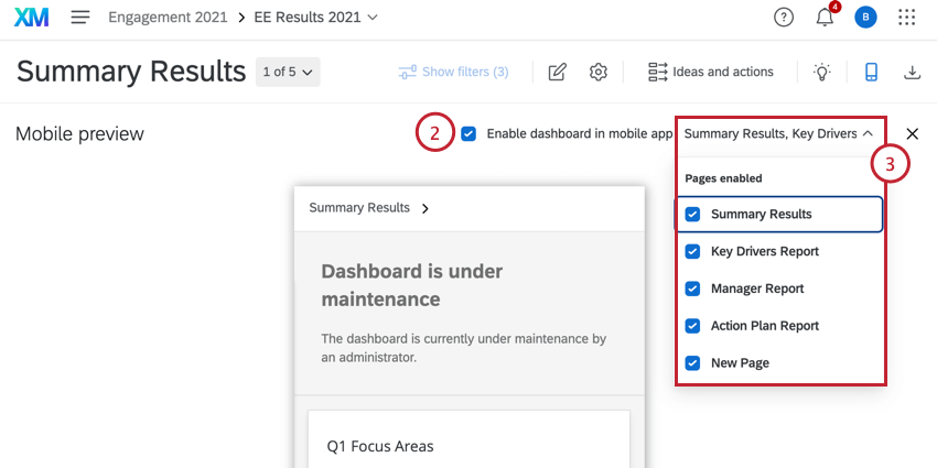 Aktivieren von Dashboards für die mobile Ansicht und Auswählen der verfügbaren Seiten