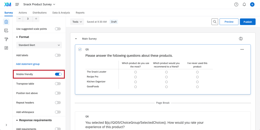 Matrix table question with the Mobile friendly option selected