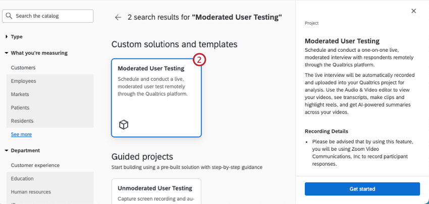 moderated user testing project type in the catalog
