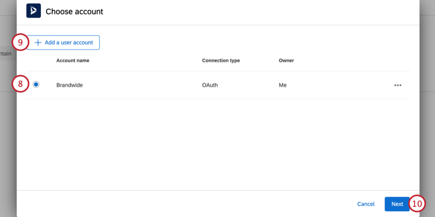 sélectionner un compte dynamique à utiliser ou en ajouter un nouveau