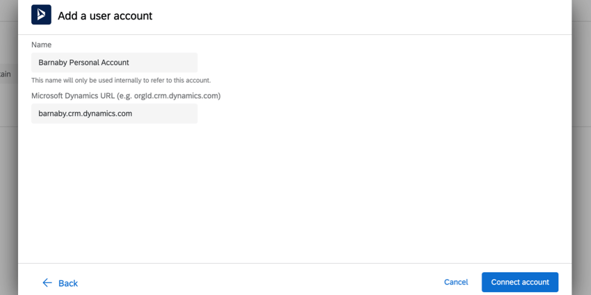 adicionar uma nova conta especificando o URL do microsoft dynamics