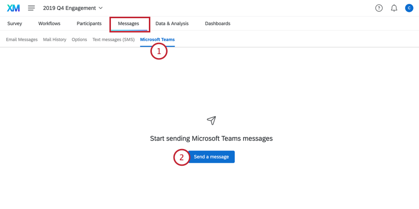 in the messages tab, going to ms teams and clicking "send a message"