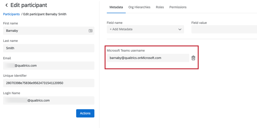 the participant information window showing a microsoft teams account metadata field