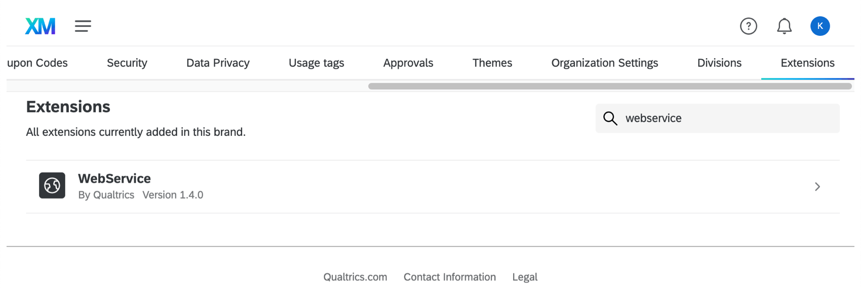 Anzeige der Web-Service-Erweiterung auf der Registerkarte "Erweiterungen" der Admin-Seite