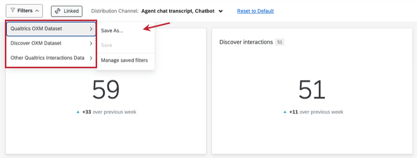 Al hacer clic en los filtros, pase el cursor sobre un conjunto de datos antes de poder seleccionar Guardar como, Guardar o Administrar filtros guardados.