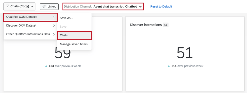 filter für die Verteilungskanäle Agententranskript und Chatbot. im Qualtrics-Datensatz wird dies als Chats gespeichert
