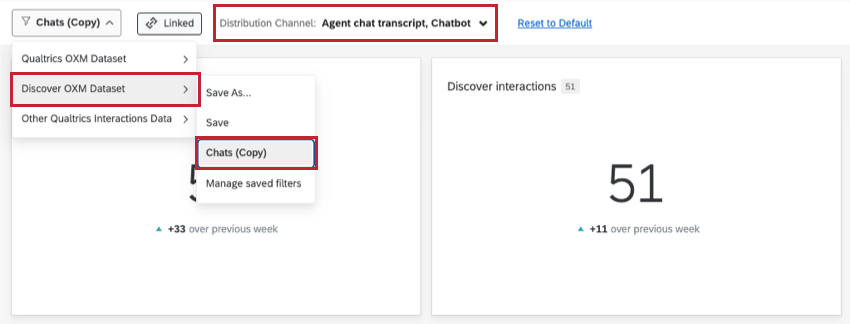 filter für die Verteilungskanäle Agententranskript und Chatbot. Im Discover-Datensatz wird dies als Chats Copy gespeichert