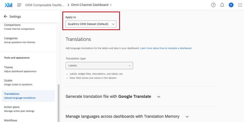 Top of translations page, there is a menu that says apply to, then shows a specific selected dataset