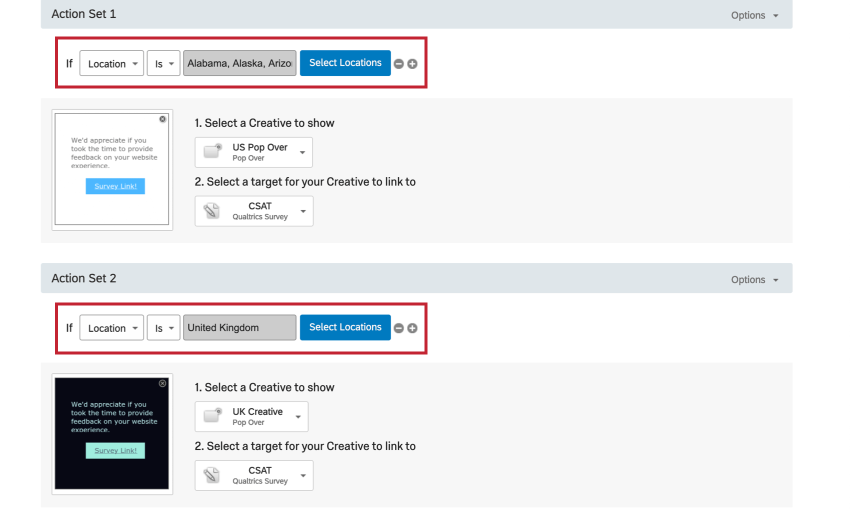 アクションセット1には、If Location Is...とあり、米国のすべての州がリストアップされている。アクション2は、所在地がイギリスの場合