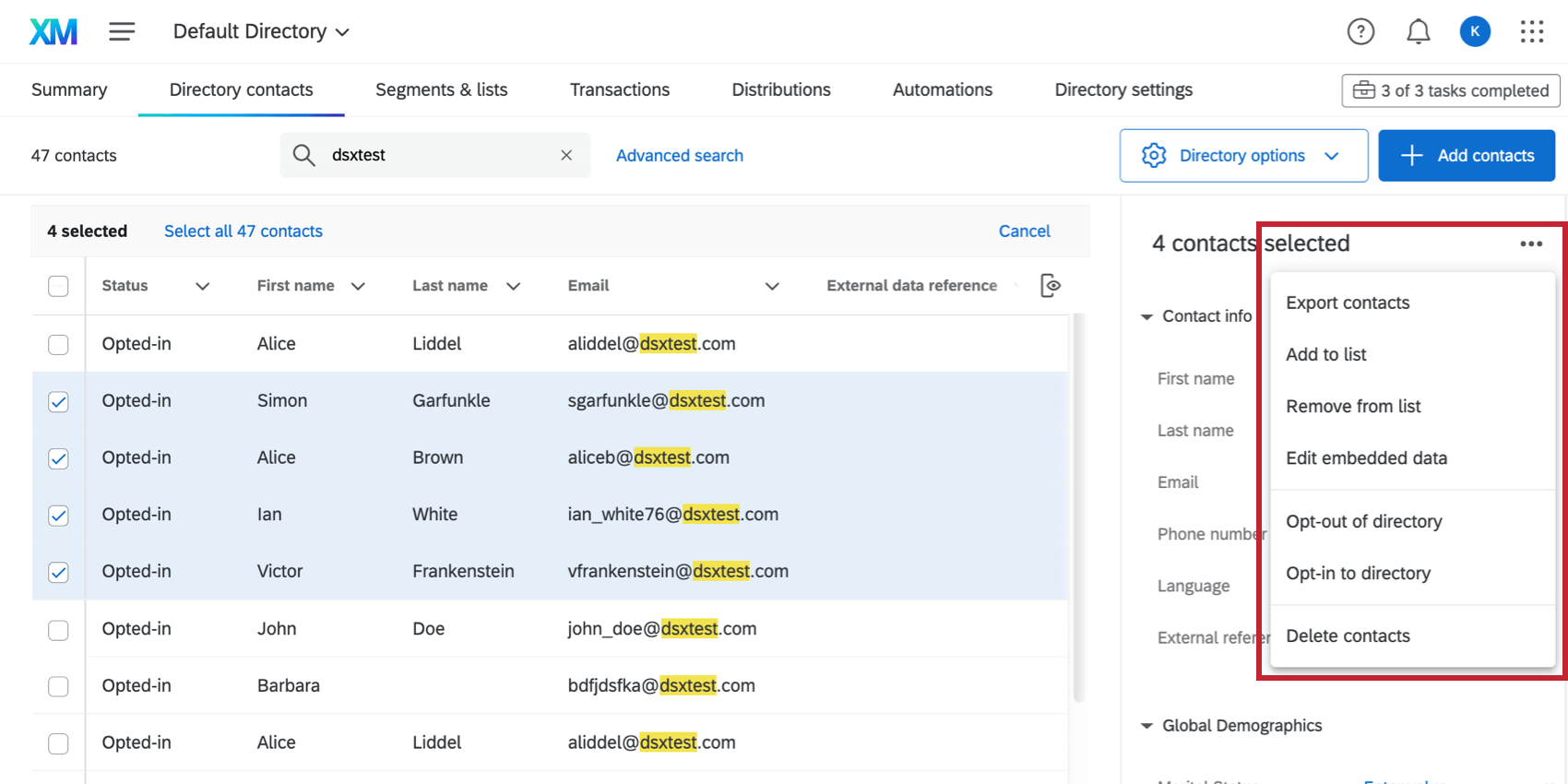Image of multiple contacts selected in the Directory Contacts tab, 3 dot button to far-right expanded to show a menu of bulk actions