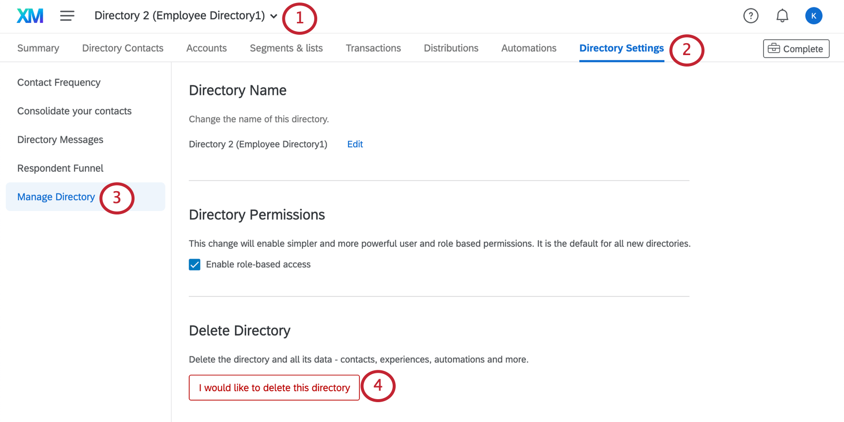 Image of the directory settings page with manage directory open to the left; the deletio button is at the bottom of the page in red