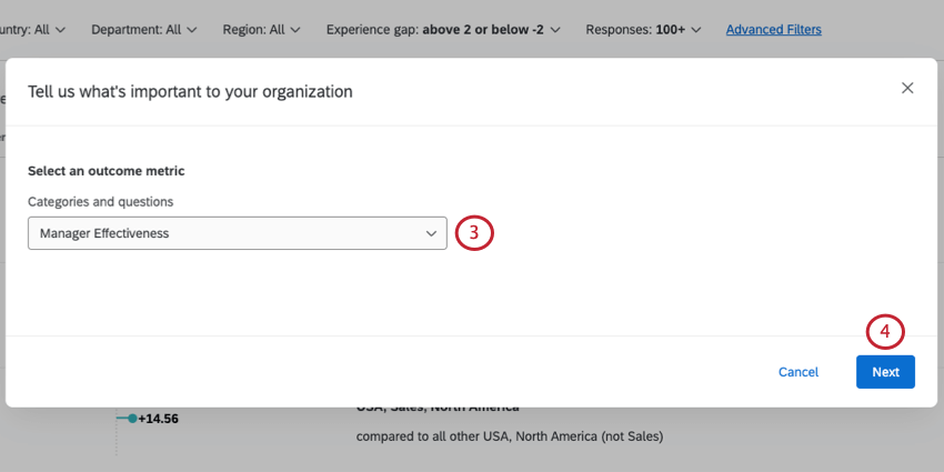 new window where you select outcome metric from dropdown