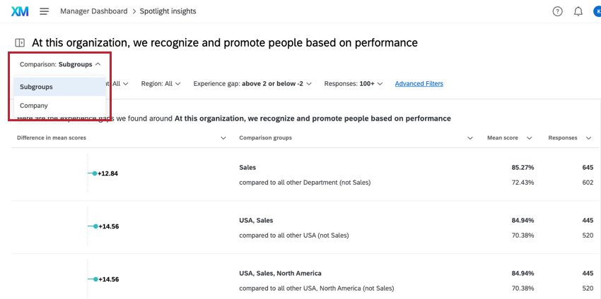 using the compare filter to switch between insight comparisons