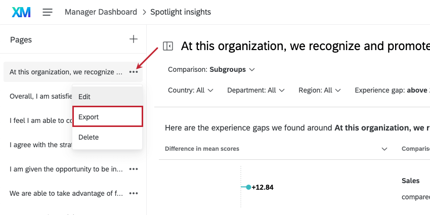 dropdown next to page expanded, export highlighted