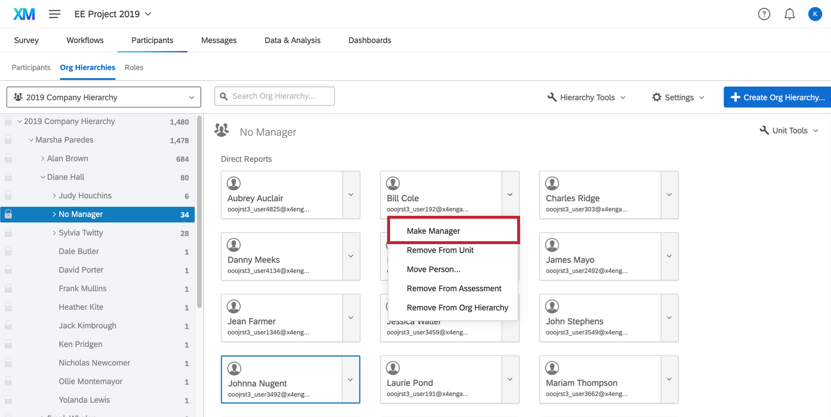 dropdown to make a direct report a manager